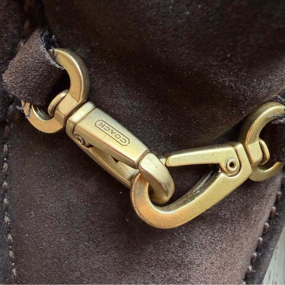 Coach Dark Brown Suede Loafers with Gold Accent - Picture 3 of 12